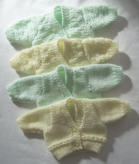 Premature baby cardigans in lemon and mint green